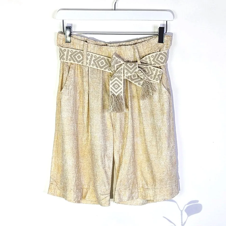 Linen Tencel mix golden cream fabric shorts with woven belt and stretchy waist band
