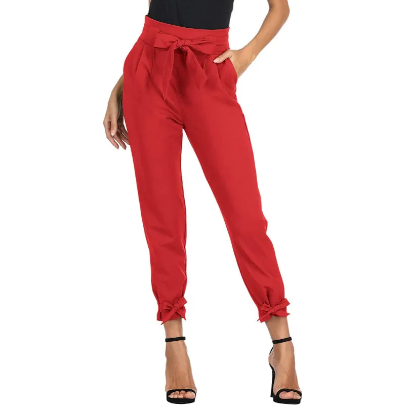 Women High Waist Regular Fit Pencil Pants With Bow-Knot Pockets